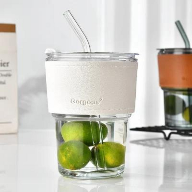 Glass Tumbler with Lid & Glass Straw, Leather Sleeve Coffee Tea Milk Mug