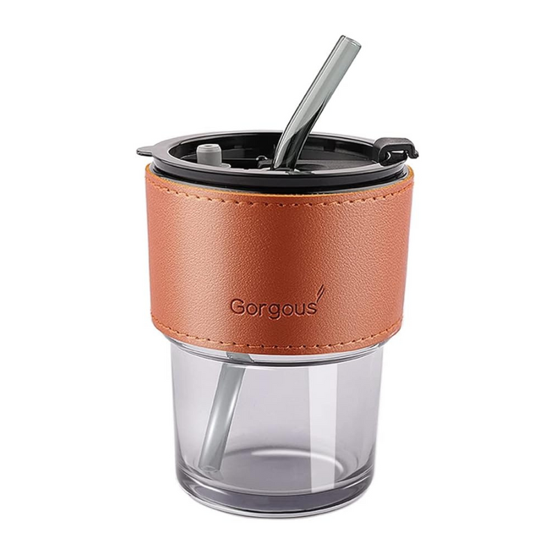 Glass Tumbler with Lid & Glass Straw, Leather Sleeve Coffee Tea Milk Mug