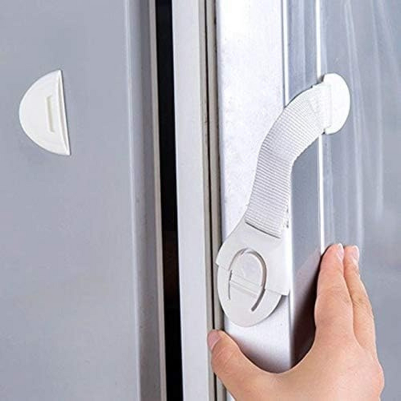 Adjustable white strap lock for baby-proofing