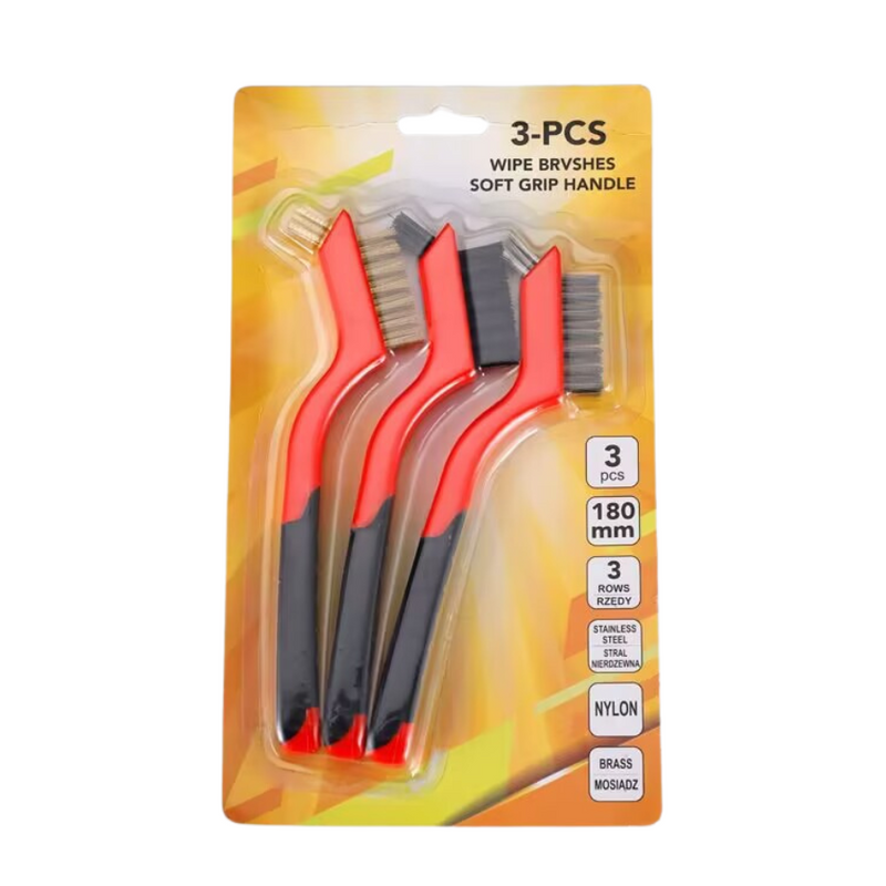 3-Piece Wire Brush Set - Nylon, Brass, Stainless Steel Bristles, Curved Handle