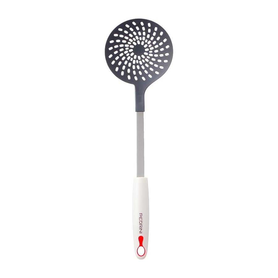 Pedrini Lillo Stainless Steel Skimmer with Nylon Head and White Handle - Heat Resistant