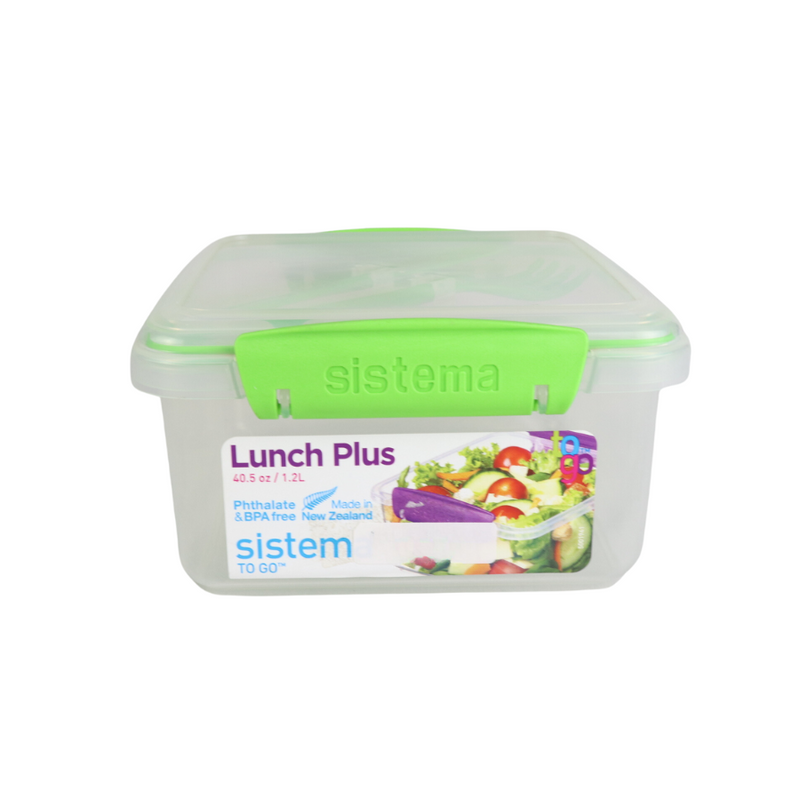 Sistema Lunch Plus Food Storage Container - 1.2L, BPA-Free, Secure Clip, Includes Knife & Fork