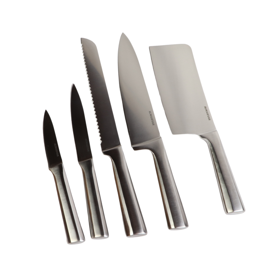Stainless Steel Knife Set With Wooden Block - 5-Piece Including Cleaver