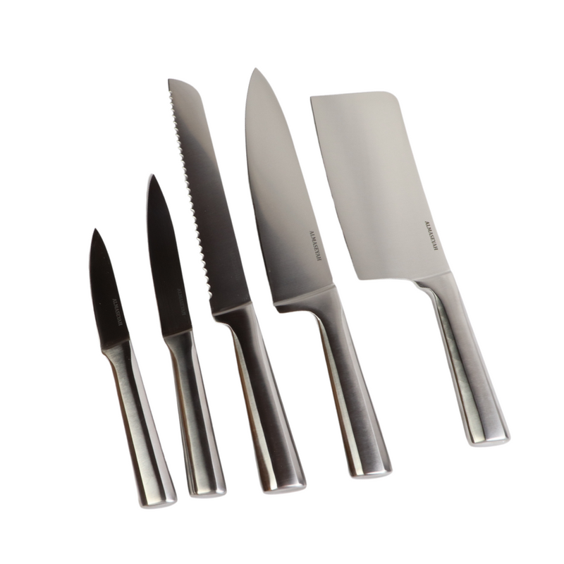 Stainless Steel Knife Set With Wooden Block - 5-Piece Including Cleaver