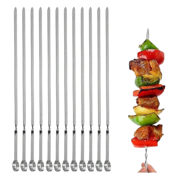 Set of 12 Stainless Steel BBQ Skewers - 50 cm Length, Perfect For Kabobs, Grilling, And BBQ