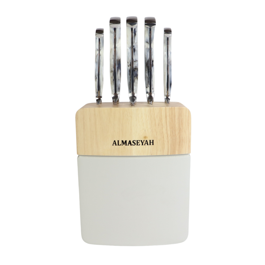 Elegant Marble-Shaped Handle Knife Set With Bamboo Block - 5 Essential Knives For Your Kitchen