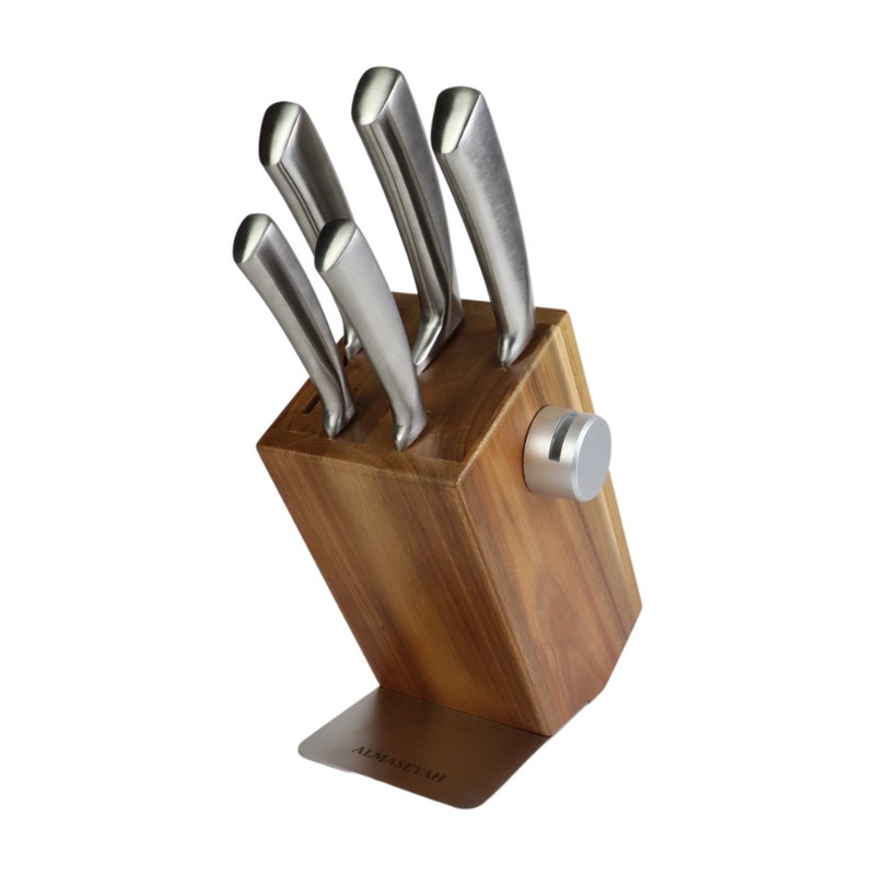 Contemporary Stainless Steel Knife Set With Elegant Block - 5 Essential Knives For Your Kitchen