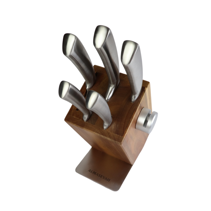 Contemporary Stainless Steel Knife Set With Elegant Block - 5 Essential Knives For Your Kitchen