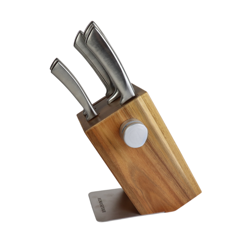Contemporary Stainless Steel Knife Set With Elegant Block - 5 Essential Knives For Your Kitchen