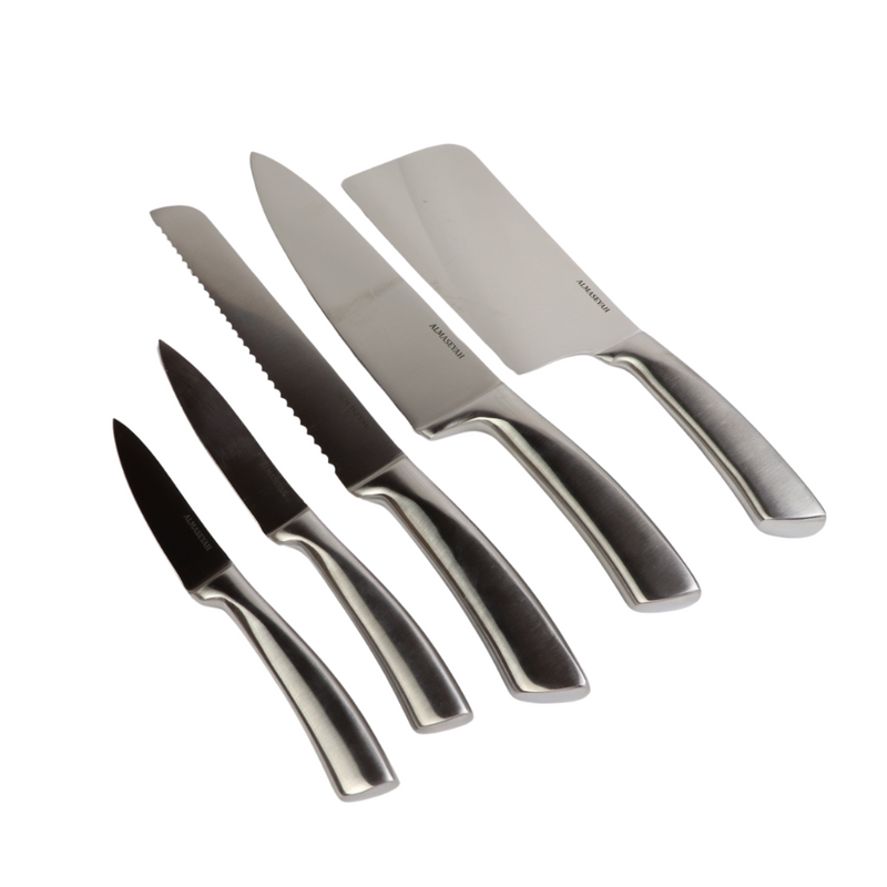 Contemporary Stainless Steel Knife Set With Elegant Block - 5 Essential Knives For Your Kitchen