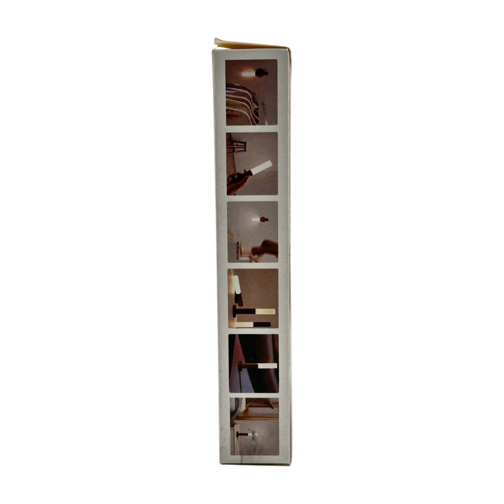 Multiple views showing rechargeable smart LED motion light used in closets, hallways, under cabinets, and bedroom walls
