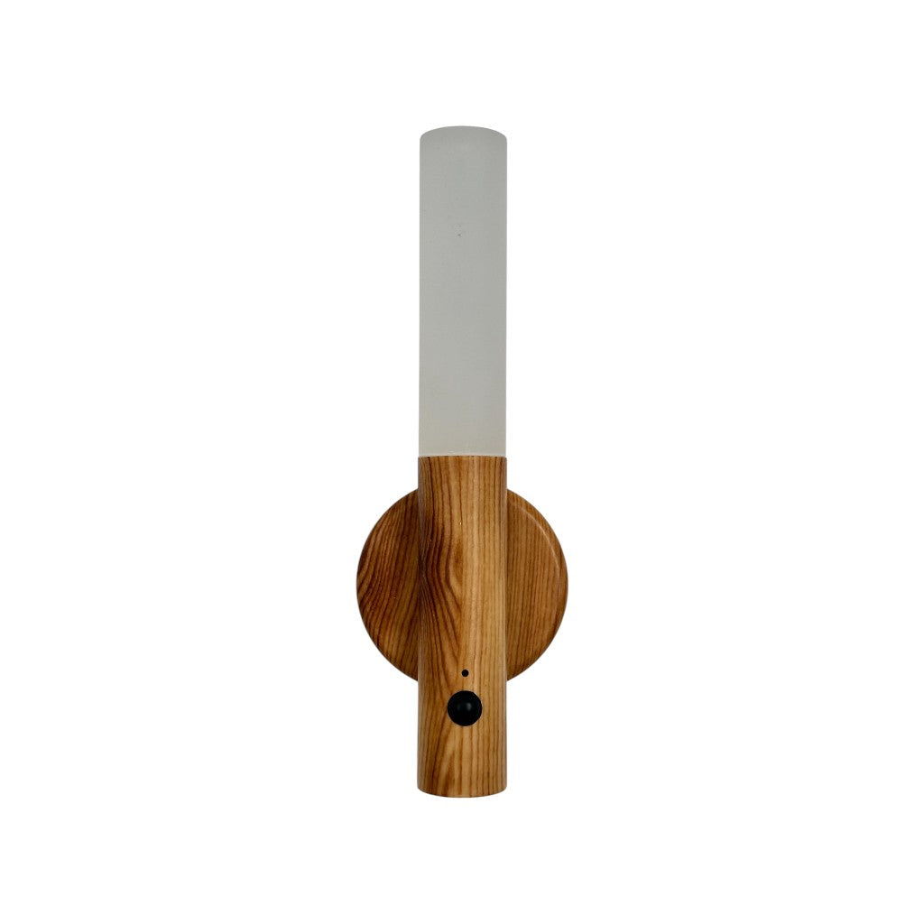 Frontal view of wall-mounted smart LED night light with motion sensor, wood grain finish, USB rechargeable design, and sleek look