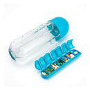 Blue pill organizer with clear container on a white background