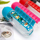 Blue pill organizer with assorted pills on a white surface