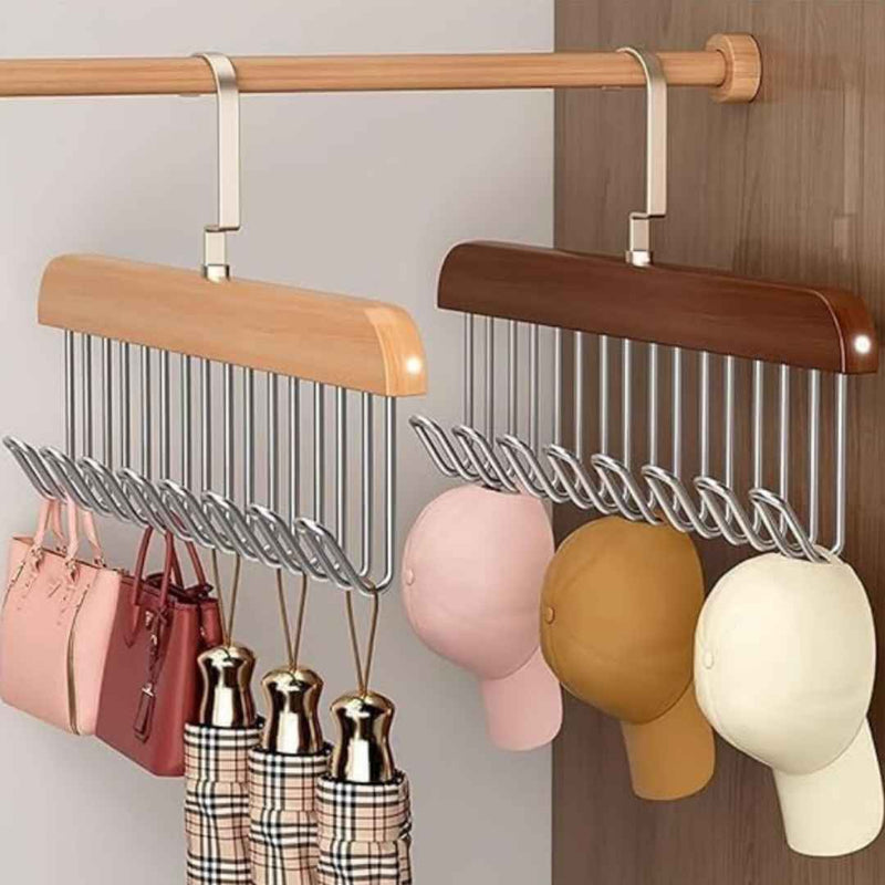 Two hangers with metal racks, one holding handbags and the other caps, against a neutral background.