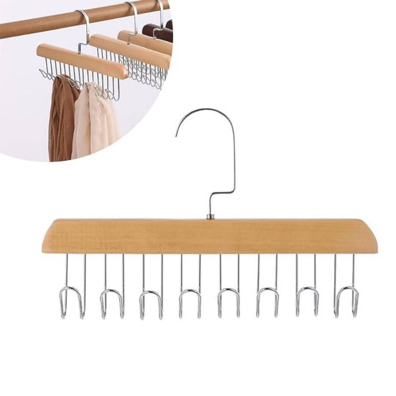 Wooden hanger with metal hooks on a white background