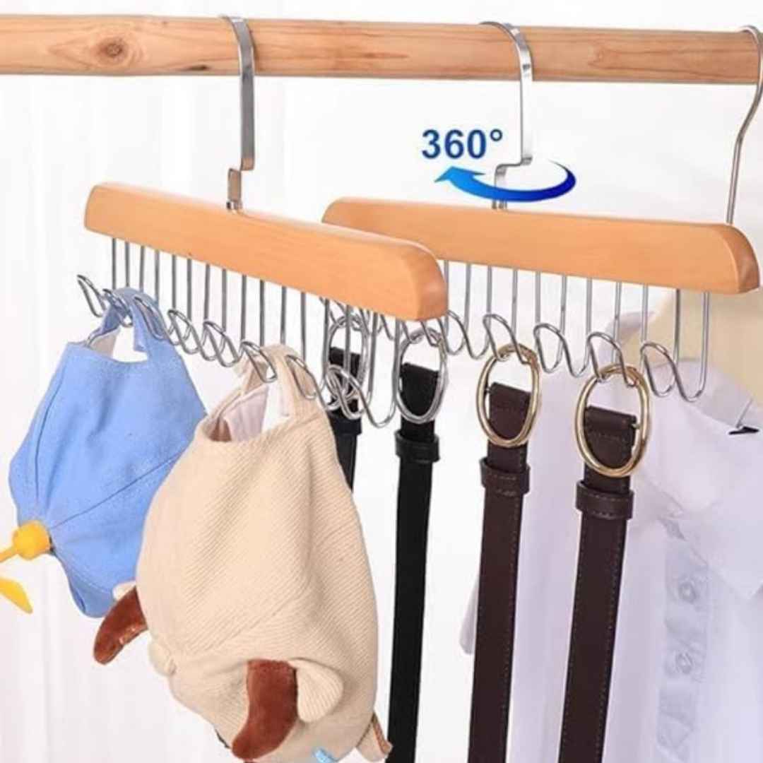 Hanger with multiple hooks holding a hat, bag, and belts on a wooden rod.
