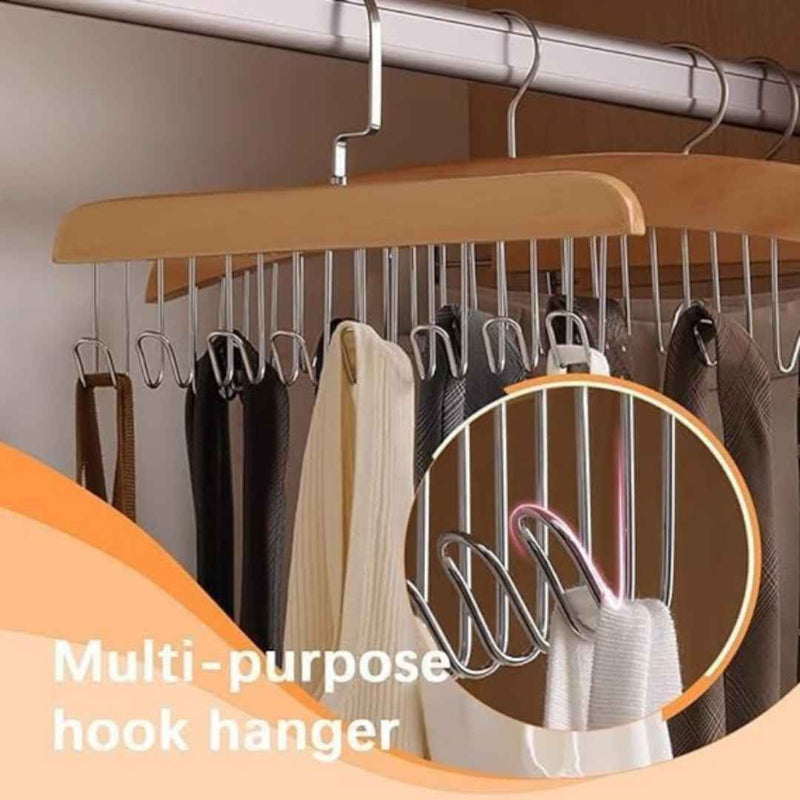 Multi-purpose hook hanger with clothes on a closet rod, showing close-up details.