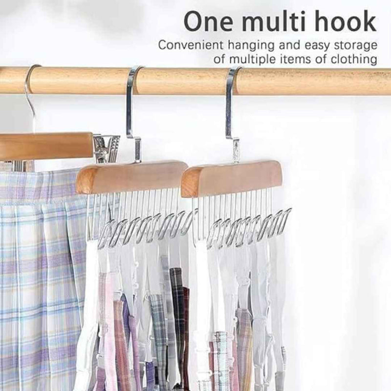 Clothing hangers with a multi hook system on a wooden rod.