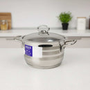 Stainless steel pot with a lid on a white surface, brand 'ABOUD' visible