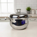 Stainless steel pot with lid on a kitchen counter