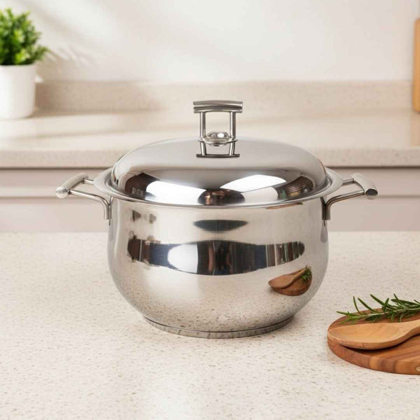 Stainless steel pot with lid on a kitchen counter