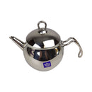 Stainless steel teapot with a brand label on a white background