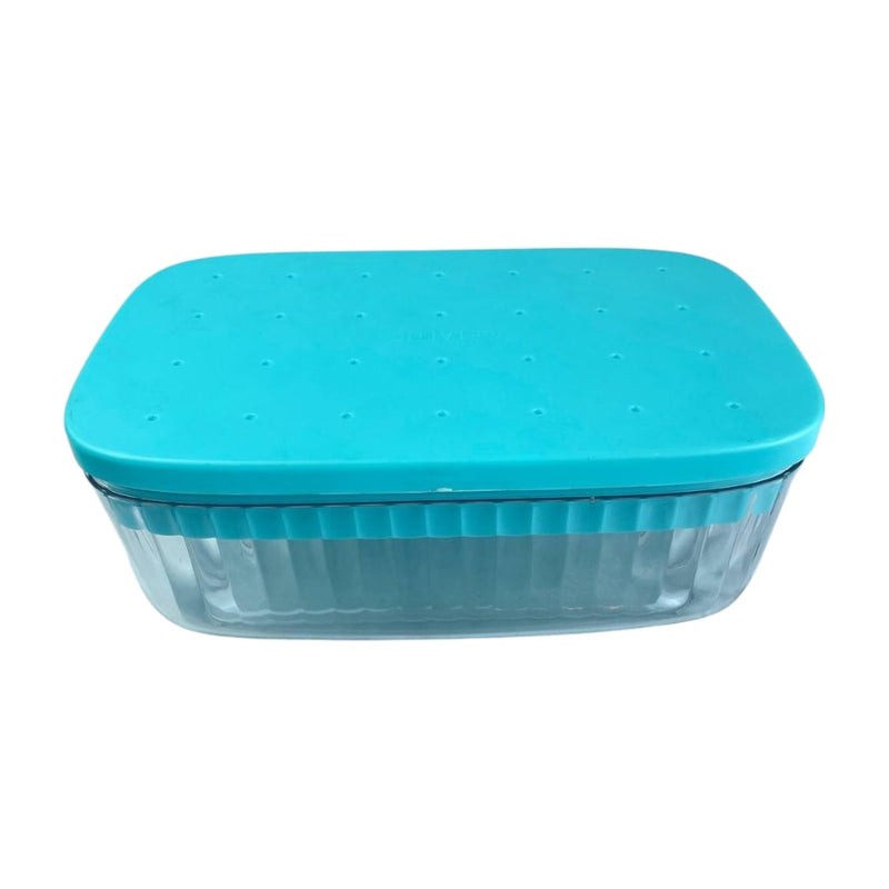 Acrylic ice cube storage box with turquoise lid and matching scoop, perfect for organized freezer use | Cupindy