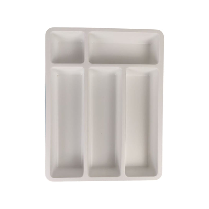 Rectangular beige plastic compartmentalized tray on a white background
