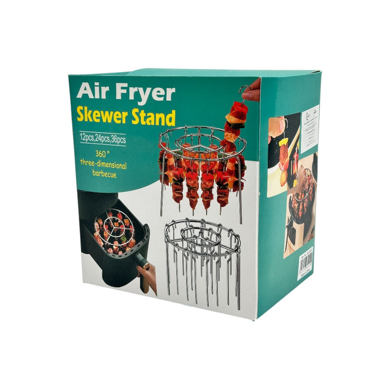 Box of Air Fryer Skewer Stand with images of skewers and text on a white background