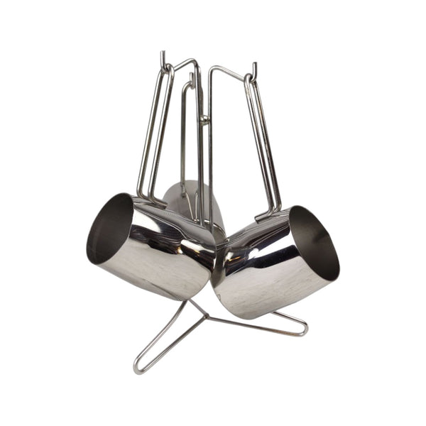 Set of three metal pots on a stand with a white background