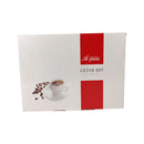 Coffee pot set packaging with a cup and coffee beans on a white background