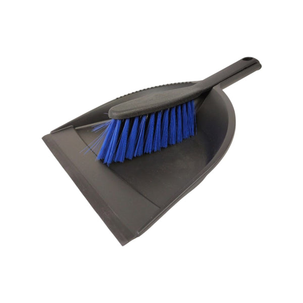 Black dustpan with blue bristles on a white background