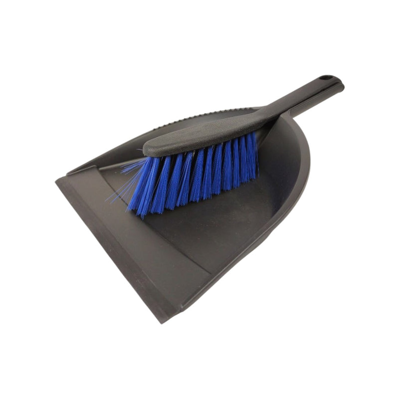 Black dustpan with blue bristles on a white background