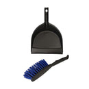 Black dustpan and brush with blue bristles on a white background