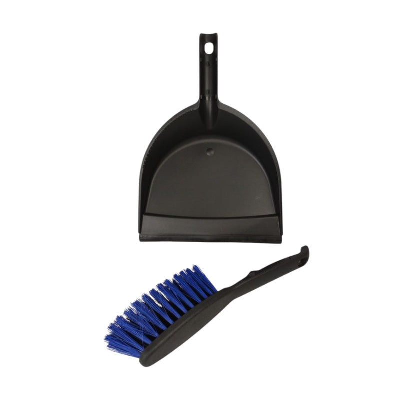 Black dustpan and brush with blue bristles on a white background