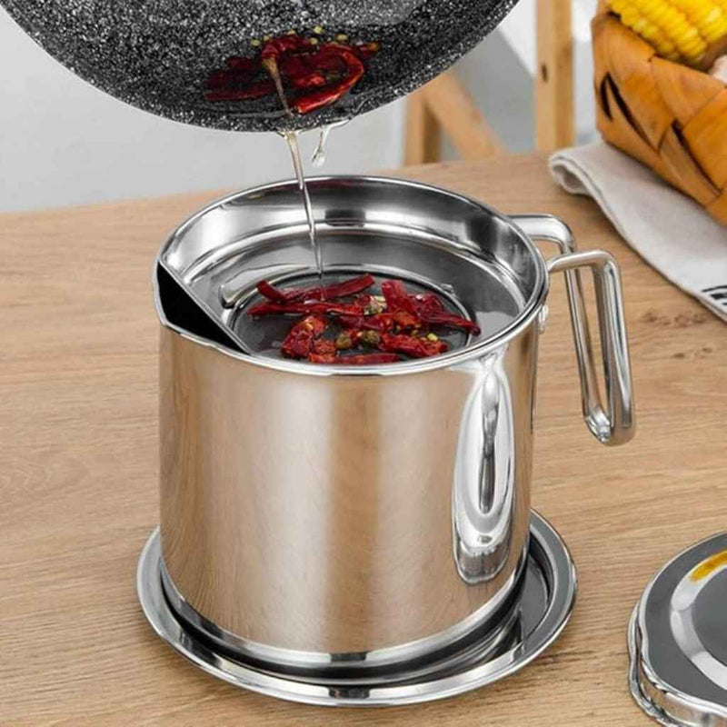 Stainless Steel Oil Storage Pot With Fine Mesh Strainer & Lid – Grease Container For Kitchen Use