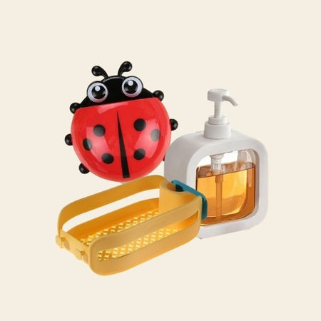 Colorful Bathroom Accessories Including Wall-Mounted Storage Basket, Soap Dispenser, And Ladybug Toy Holder For Organized Bath Space | Cupindy