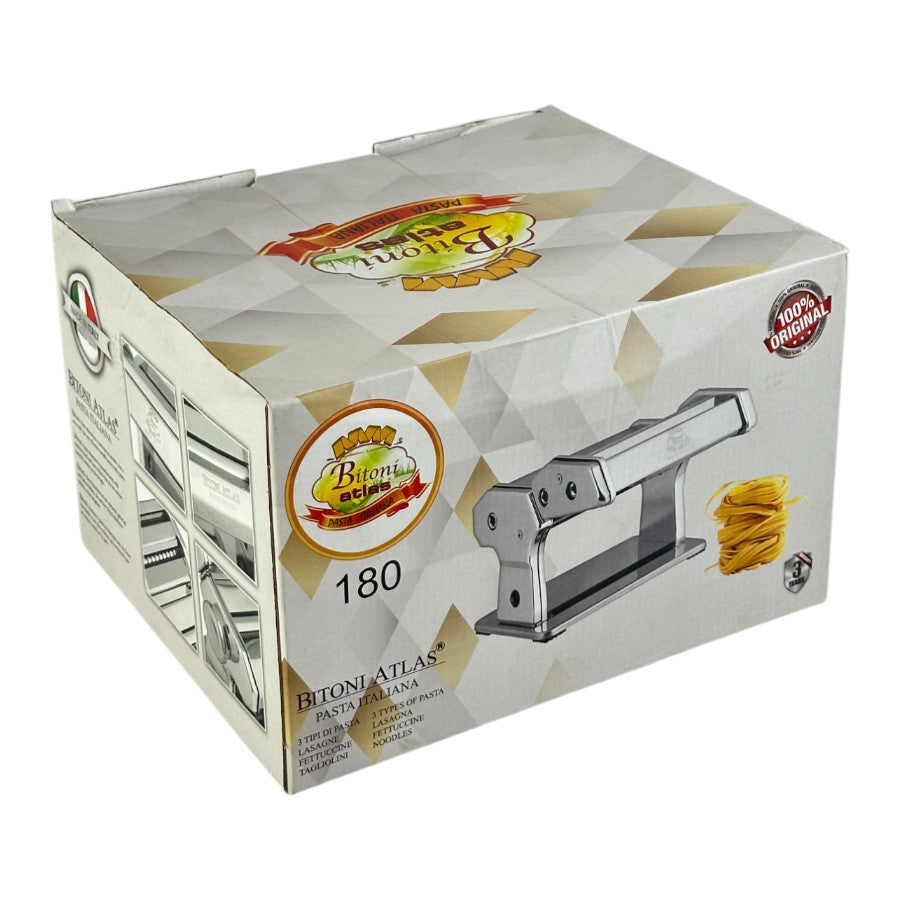 Bitoni Atlas 180 Pasta Maker - Stainless Steel With 3 Rollers For Lasagna, Fettuccine, Tagliolini
