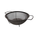 Black metal fire pit with mesh design on a white background