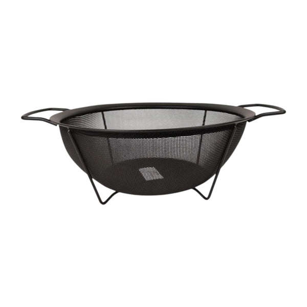 Black metal fire pit with mesh design on a white background