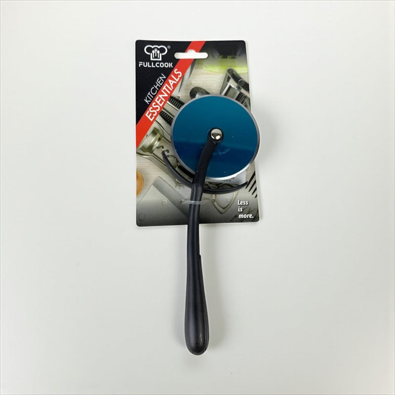 Blue pizza cutter with black handle on a white background