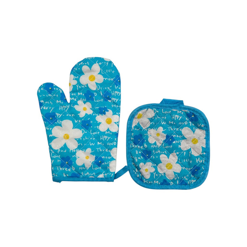 Blue floral quilted oven mitt and matching pot holder set for kitchen use