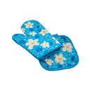 Blue oven mitt and pot holder set with white daisy flower print, side view on white background