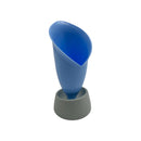 Blue kitchen funnel with angled spout and detachable grey silicone base, upright on white background