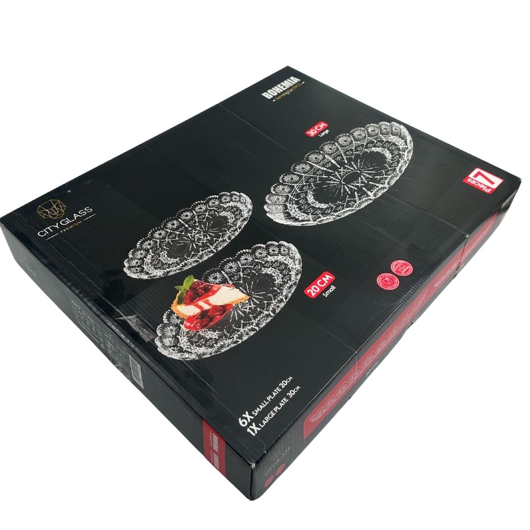 City Glass Bohemia 7-Pcs Serving Set - Crystal-Look Dessert Plates & Tray