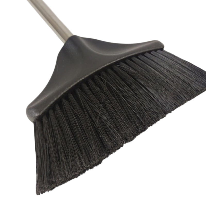Black broom with a metal handle on a white background