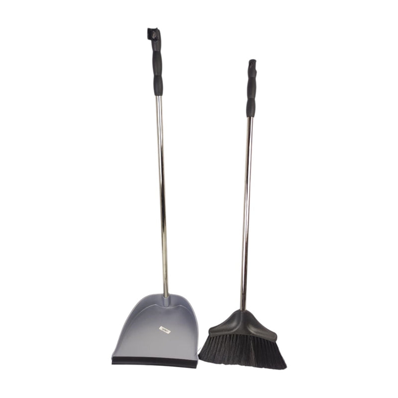 Gray broom and dustpan set on a white background