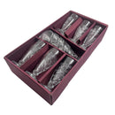 Set of silver wine glasses in a maroon box on a white background