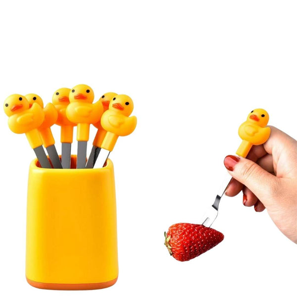 Cartoon Duck Fruit Fork Set With Holder – 6-Piece Stainless Steel Mini Forks | Cupindy